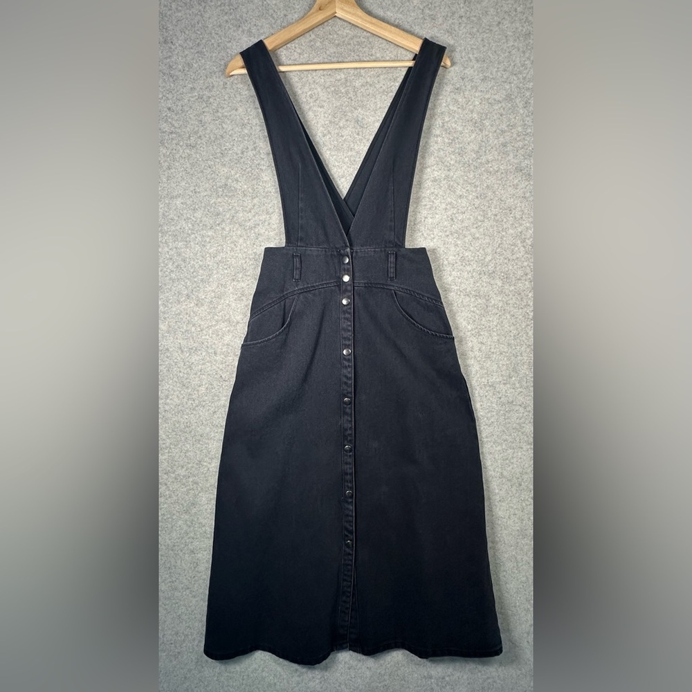 Zara Washed Black Denim Midi Pinafore Overalls Dress Jumper Button Down Snap xs